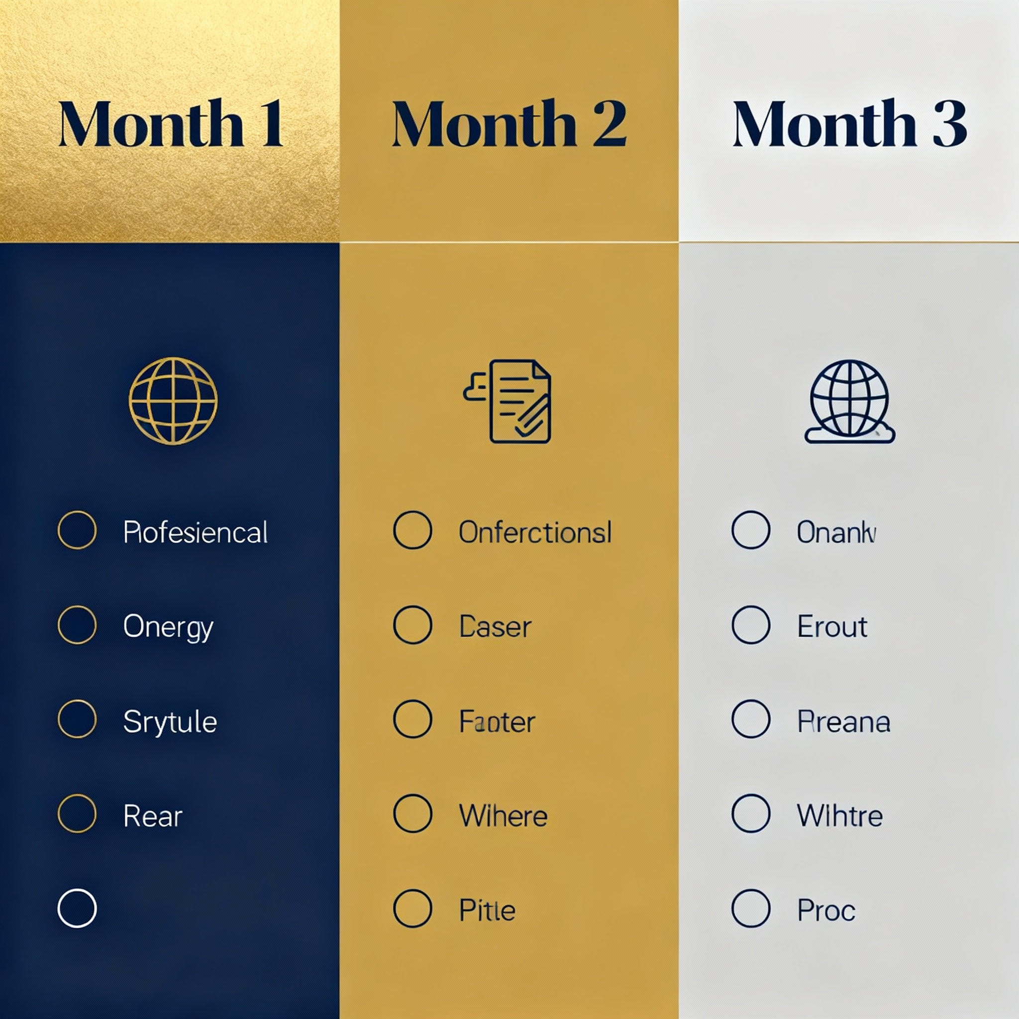 How to Get More Real Estate Leads from Google Search Today 3 A step-by-step checklist visual with three columns labeled Month 1, Month 2, Month 3, minimalist infographic style, colors...