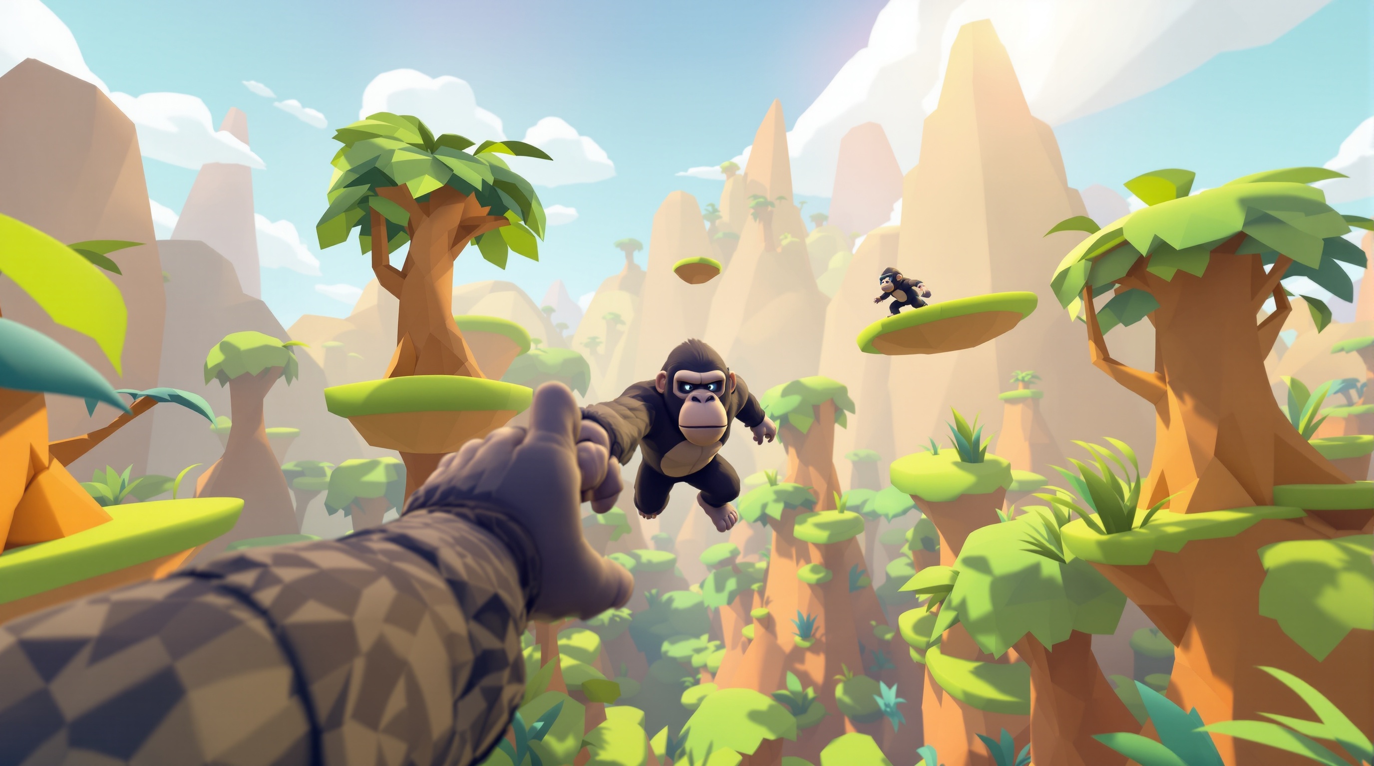 Un grupo de coloridos avatares de gorila en Gorilla Tag escalando una estructura de madera.