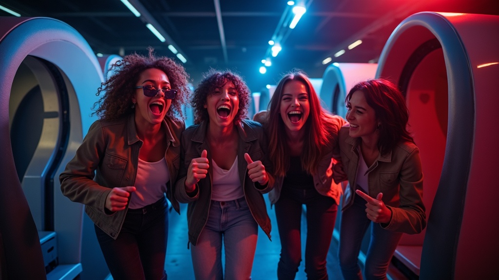 Amigos viendo en una pantalla la partida de Richie's Plank de su compañero en Virtua Barcelona