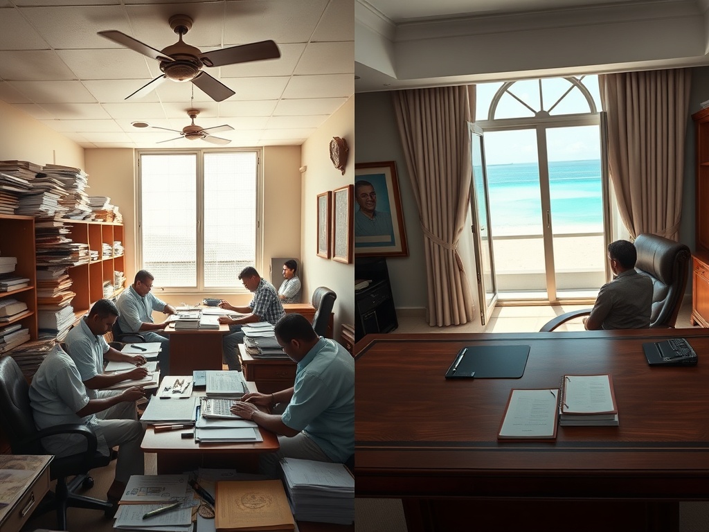 Lower-Level Workers at Crowded Desks, Empty Executive Offices