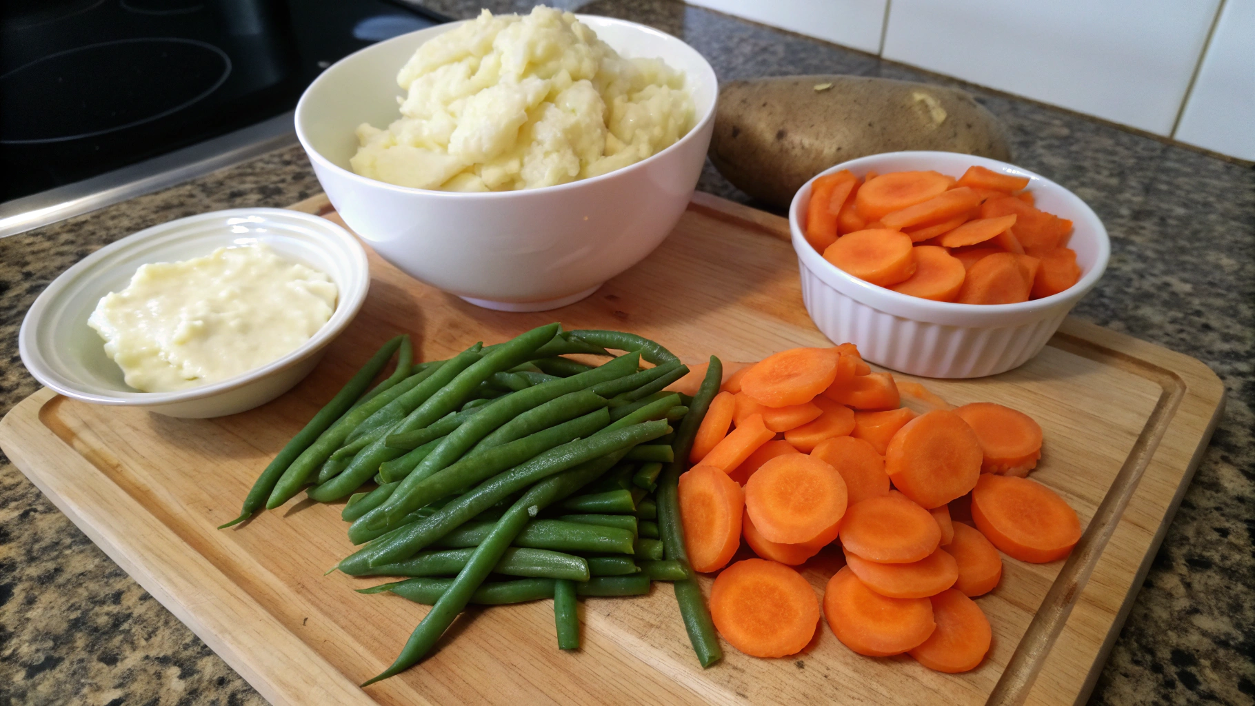 Various ingredients for stoemp including potatoes, carrots, leeks, and bacon laid out on a wooden cutting board