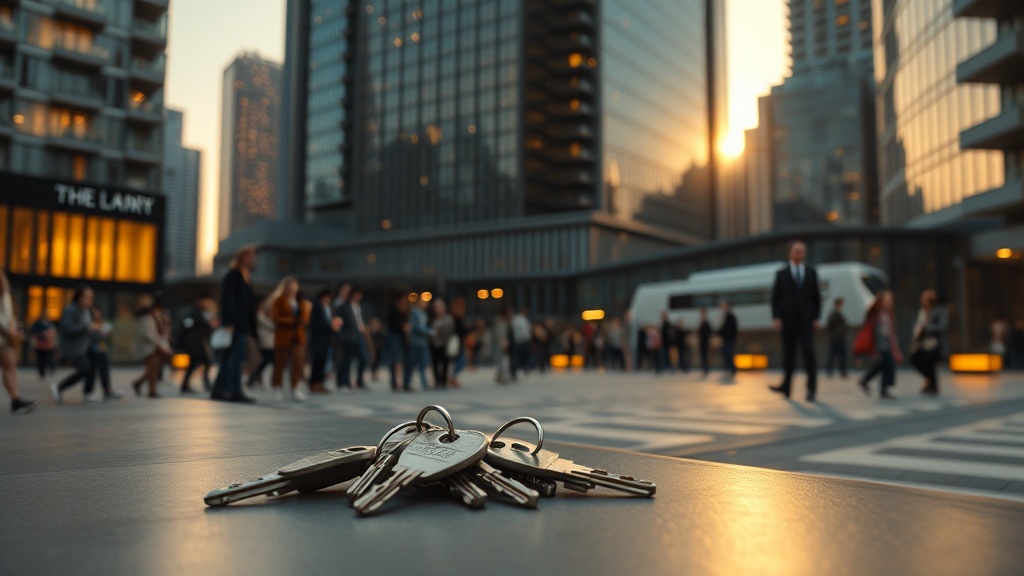 공공 벤치 위 열쇠와 주변에 모인 도시 주민들의 장면, 긴장과 성찰을 담은 영화적 순간