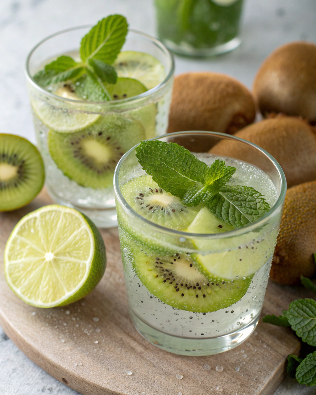 Kiwi Mocktail ingredients laid out on clean white counter