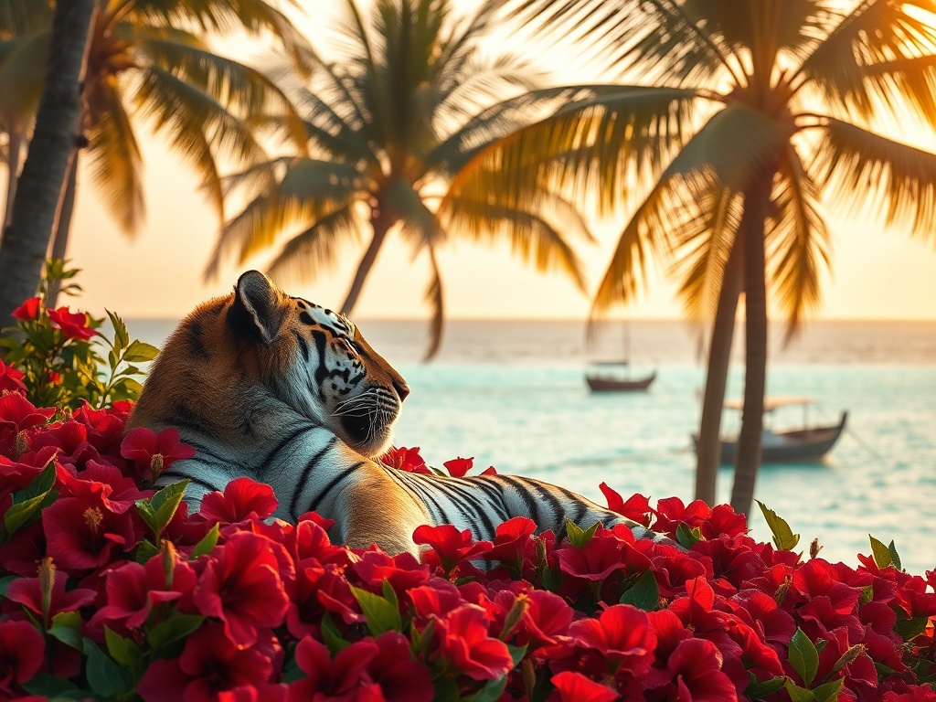 A Tiger Among Our Hibiscus at Dawn