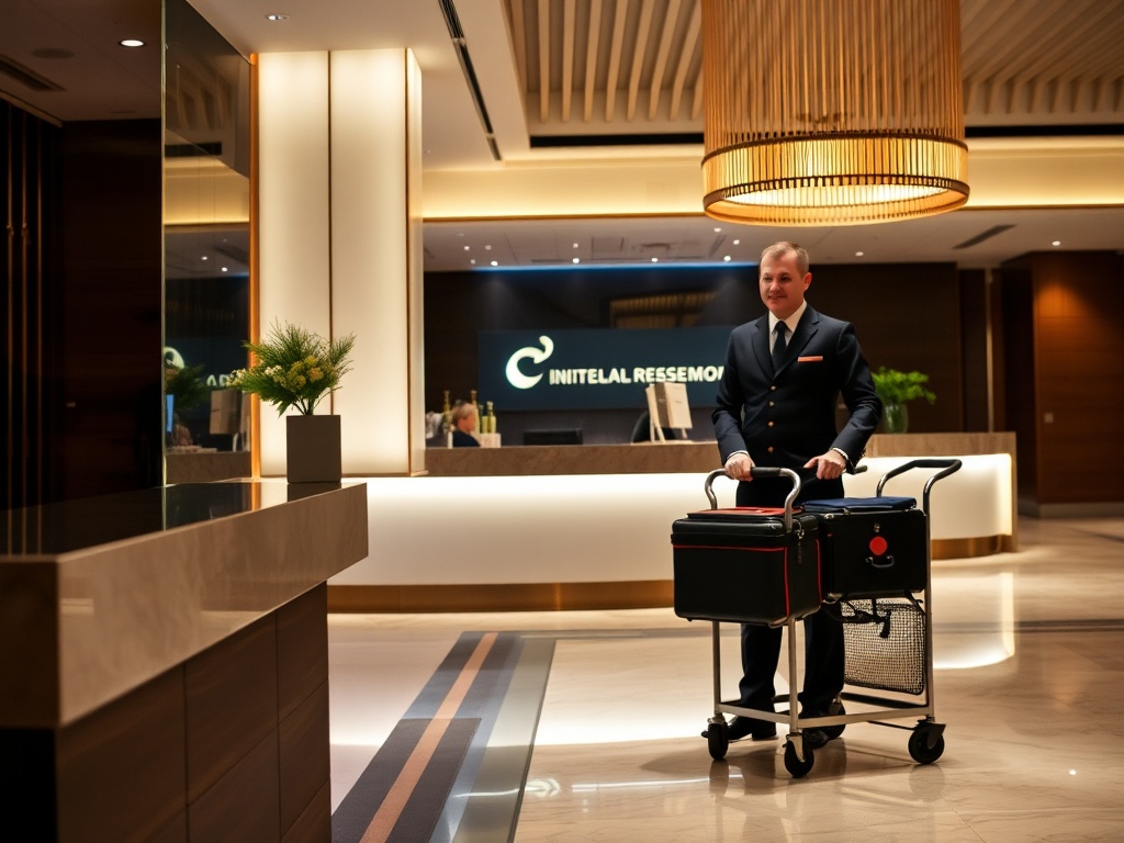Professional night porter in uniform at modern hotel reception desk providing excellent customer service during night shift