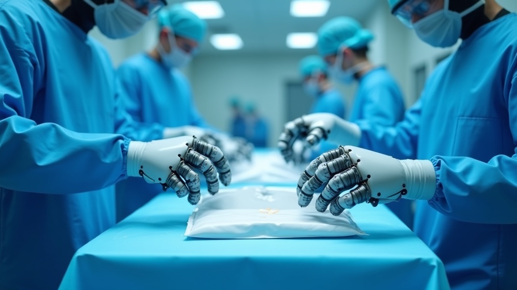 Equipo de enfermería colaborando con un sistema robótico en un quirófano moderno y estéril.