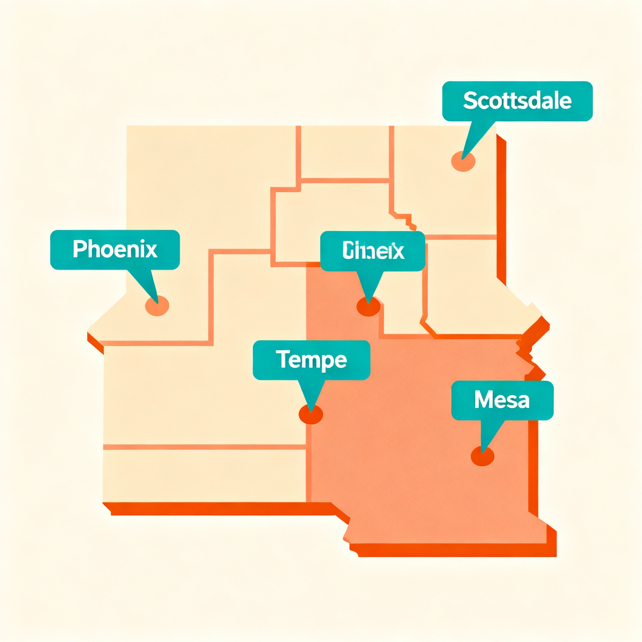 Minimalist infographic style illustration of Maricopa County map with pinned business locations, callouts for Scottsdale, ...