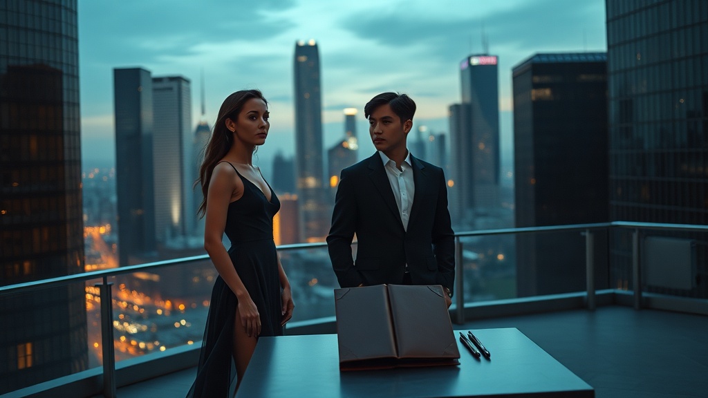 현대 도시의 야경을 배경으로 두 인물이 긴장된 거리에서 마주서 있는 영화적 장면