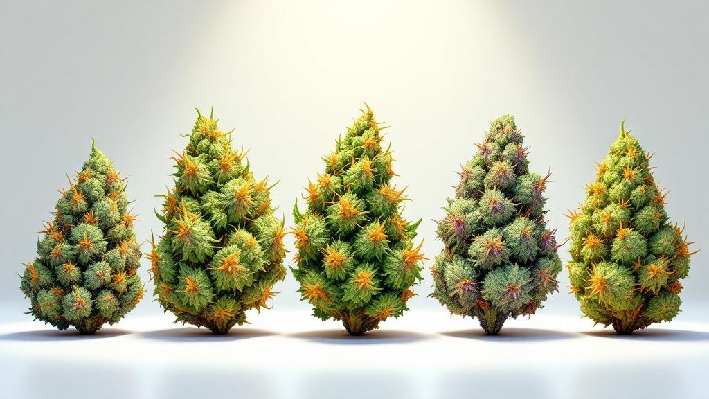 Cartoon collection of diverse high-THC cannabis strains