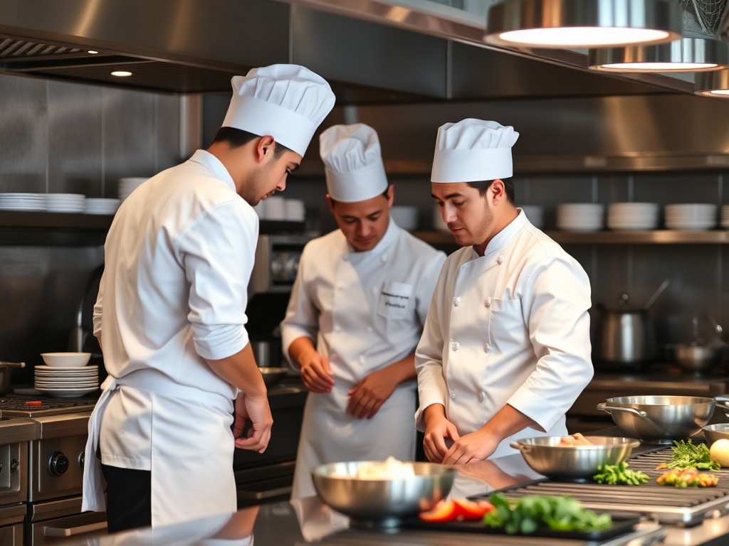 Professional catering kitchen with executive chefs in white uniforms working together in modern Doncaster restaurant