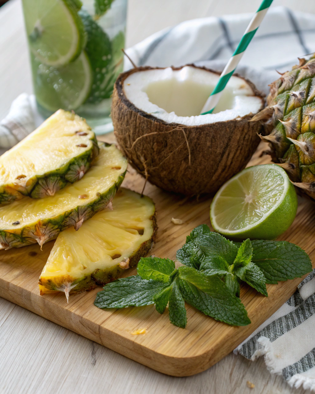Pineapple Crush Mocktail: 3-Minute Magic for Tropical Refreshment 2 Pineapple Crush Mocktail ingredients laid out on clean white counter