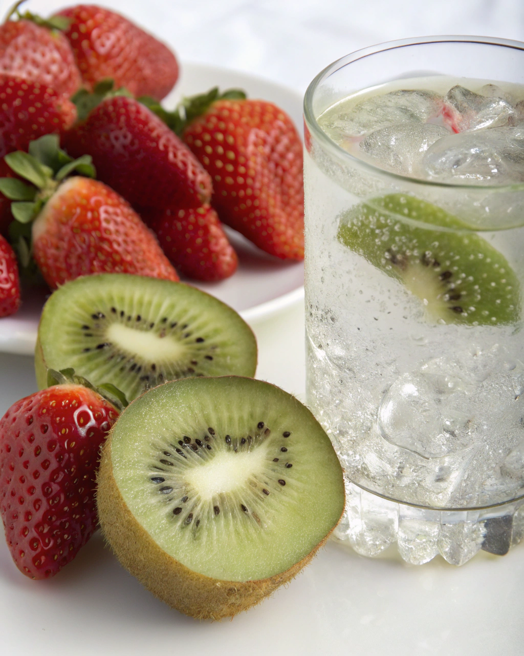 Kiwi Strawberry Spritz ingredients laid out on clean white counter