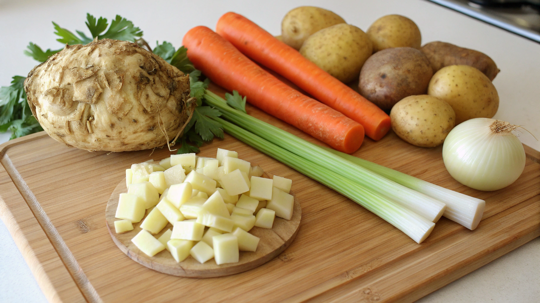 Celeriac and other ingredients for soup