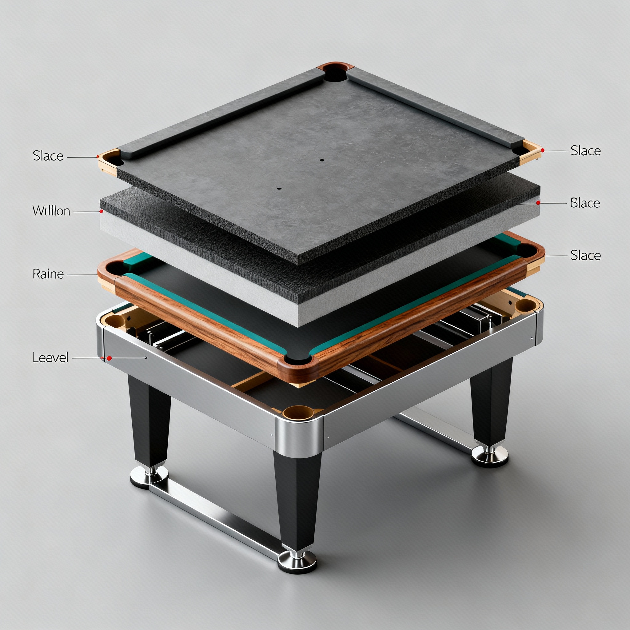 Isometric photorealistic render of a modern pool table cross-section showing layered construction: three-piece slate bed, ...