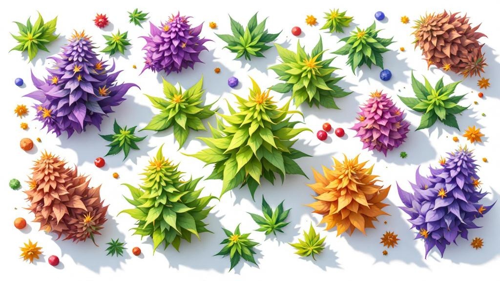 Cartoon variety of colorful cannabis flower strains