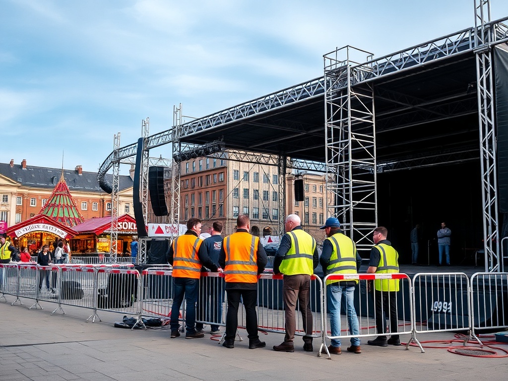 Festival crew members in high-visibility vests setting up outdoor stage and barriers for Leicester winter event with Christmas market in background