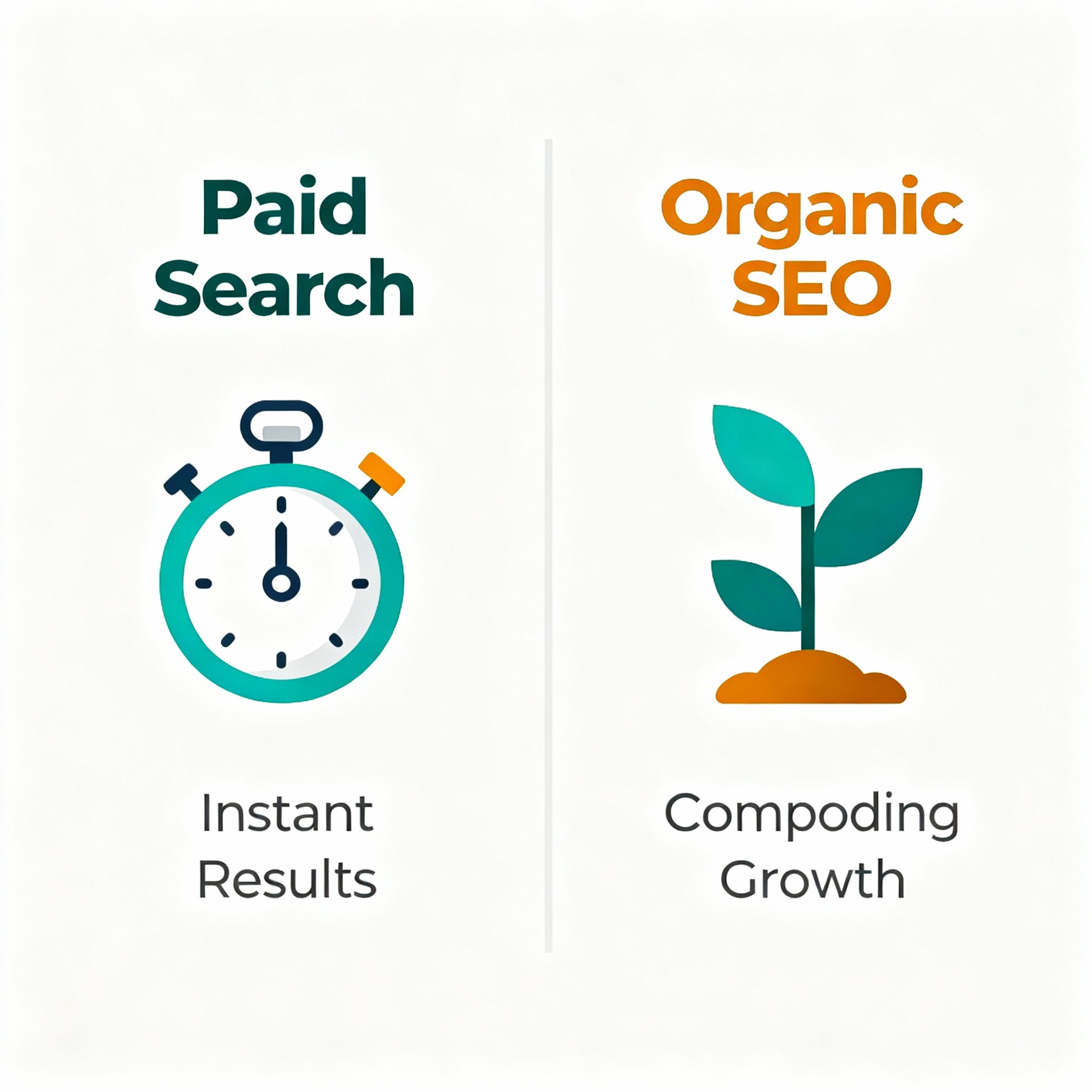 PPC vs SEO for Quick Marketing Results: Fast Wins for SMBs Today 2 Minimalist infographic style comparison, left column titled Paid Search showing stopwatch icon and instant results, right ...