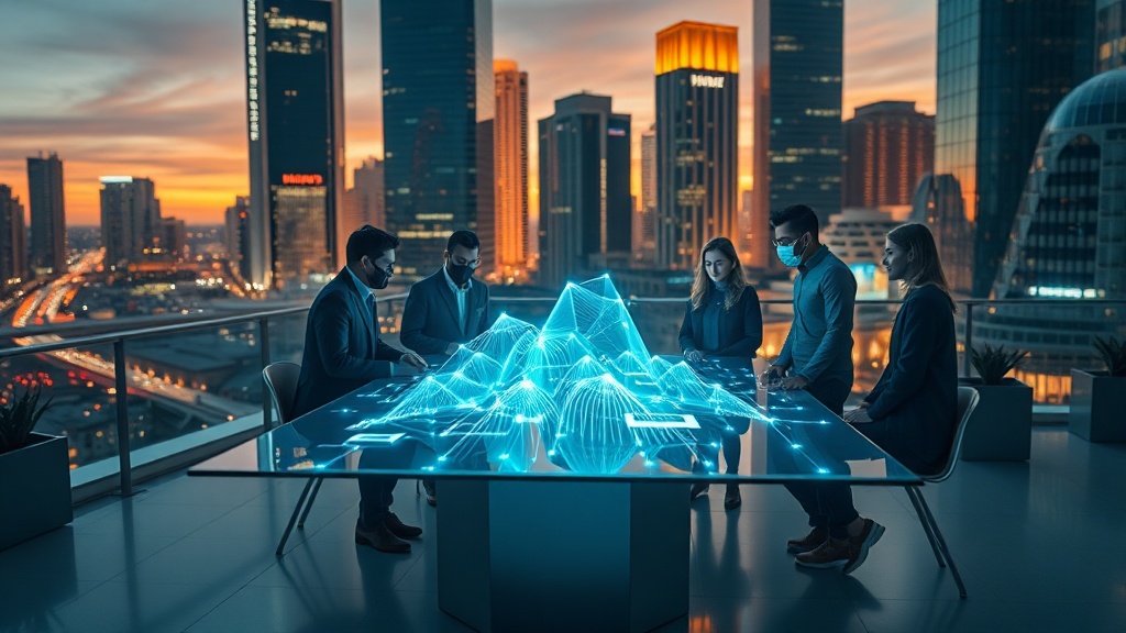 현대적 도시 풍경에서 협업하는 전문가들의 씬