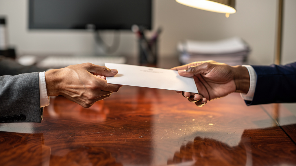 Formal dismissal letter being delivered in workplace setting