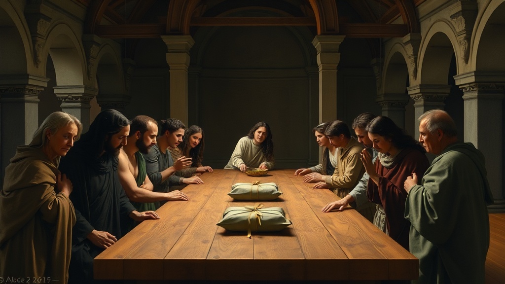 고전적 분위기의 공동체 모임을 연상시키는 회화풍 장면