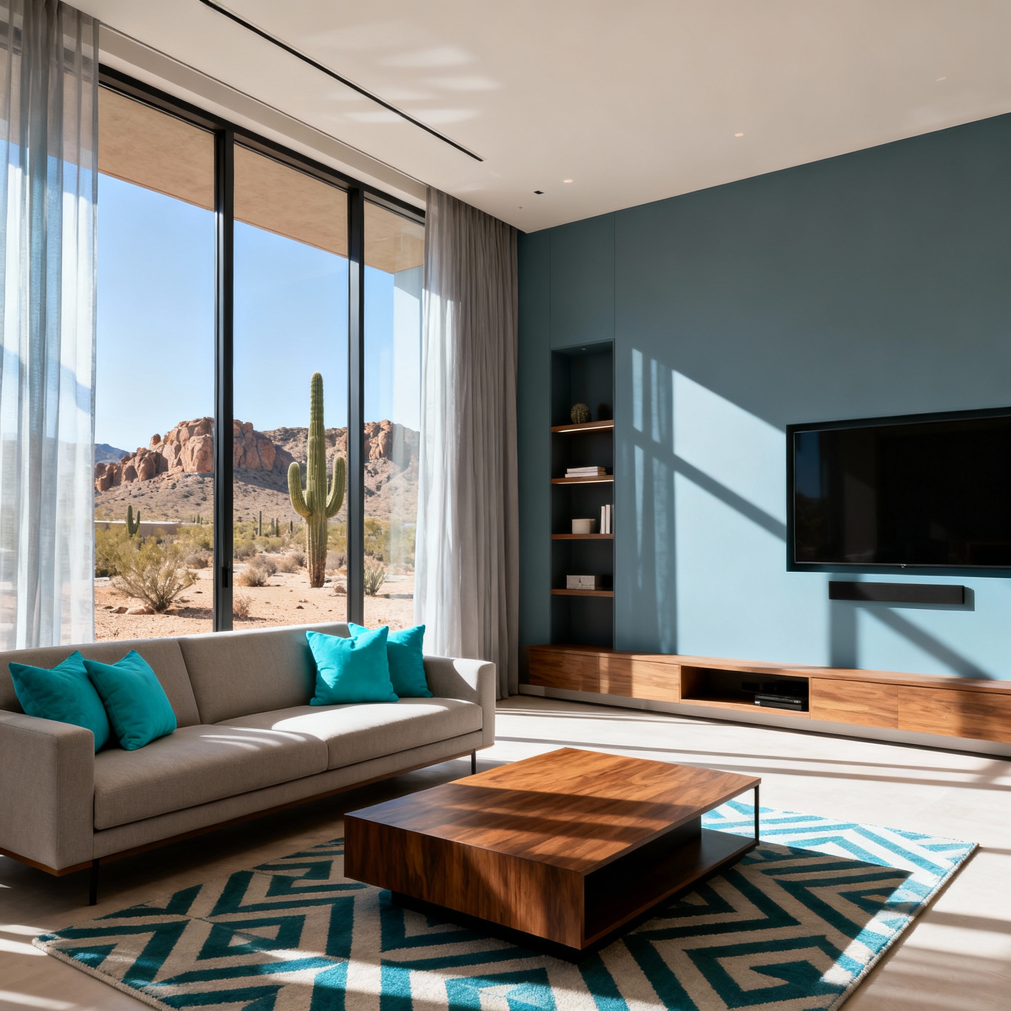 Wide-angle photo of a modern condo living room with desert landscaping visible outside, minimalist, natural light, neutral...