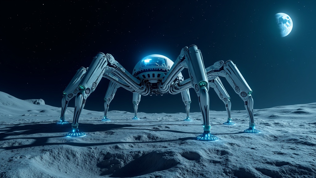 Representación conceptual del robot araña Charlotte trabajando en un sitio de construcción con materiales sostenibles.