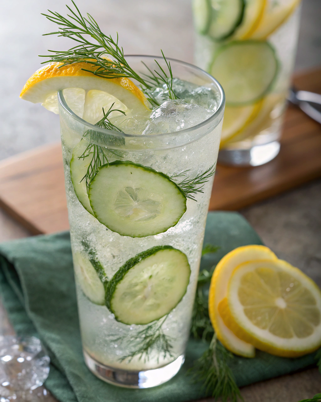 Cucumber Mocktails With Dill ingredients laid out on clean white counter