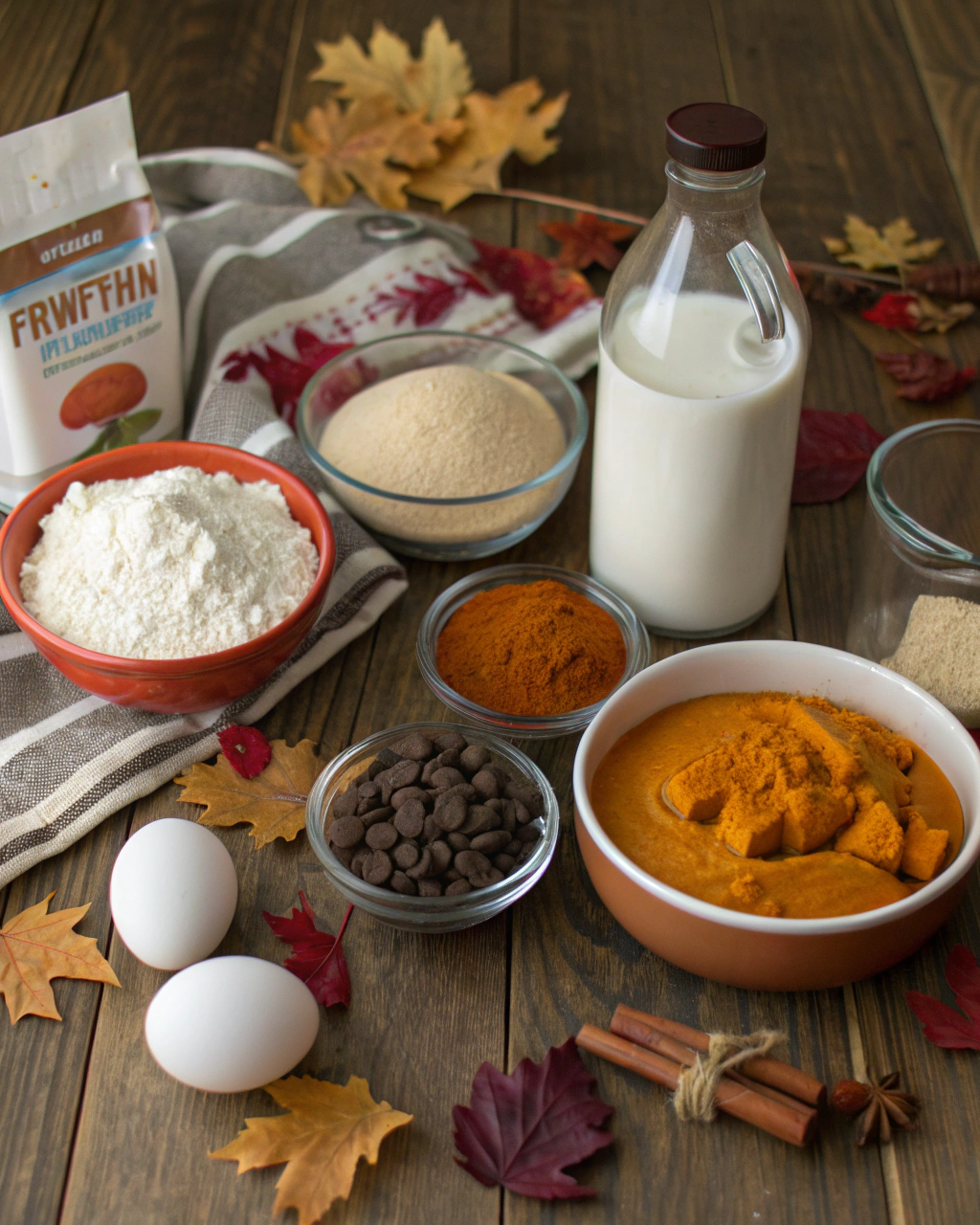 Ingredients for thick and flavorful pumpkin pancakes arranged on rustic wooden surface with measuring cups and spoons