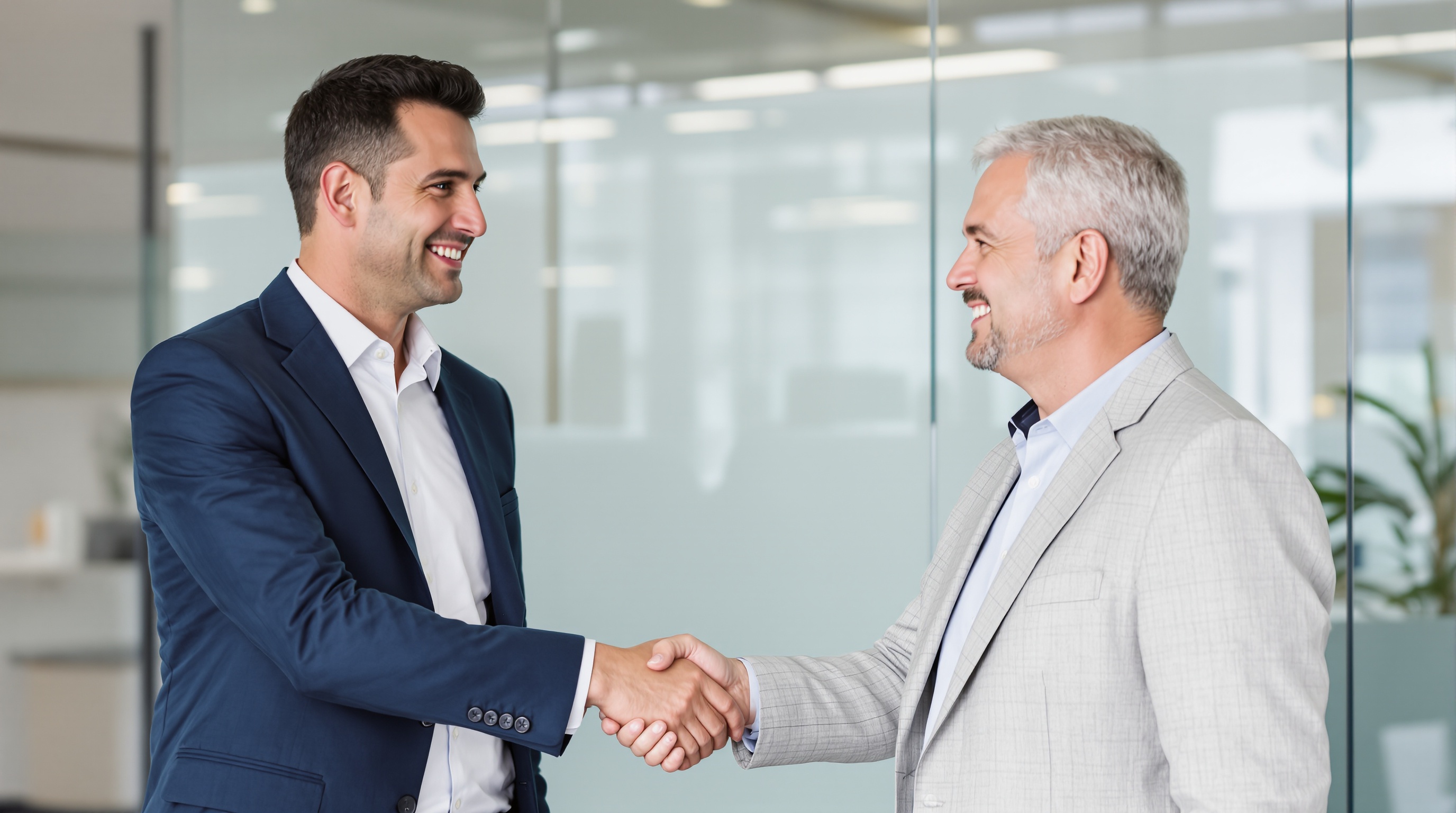 A confident executive in a navy suit shaking hands with a consultant in a gray blazer in a modern office, symbolizing partnership and collaboration.