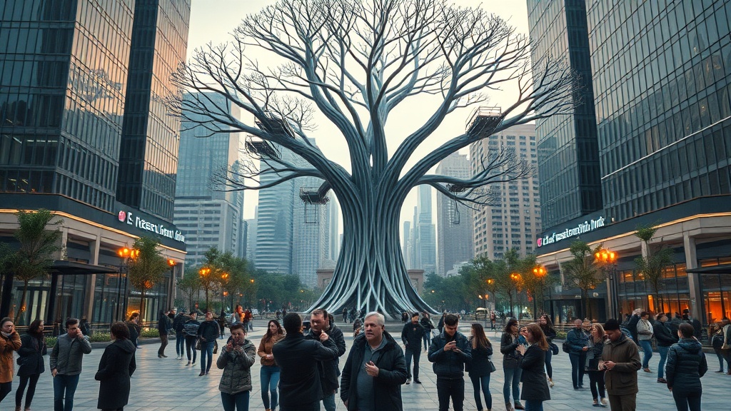 광장에 서 있는 인공 나무 타워와 주변 사람들