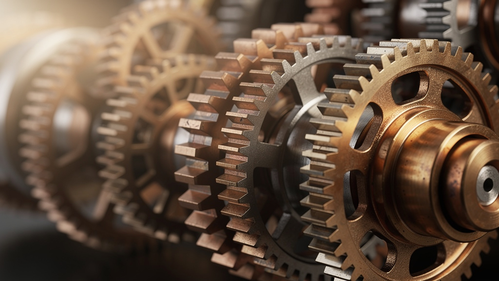 Interconnected mechanical gears representing AI agent system components