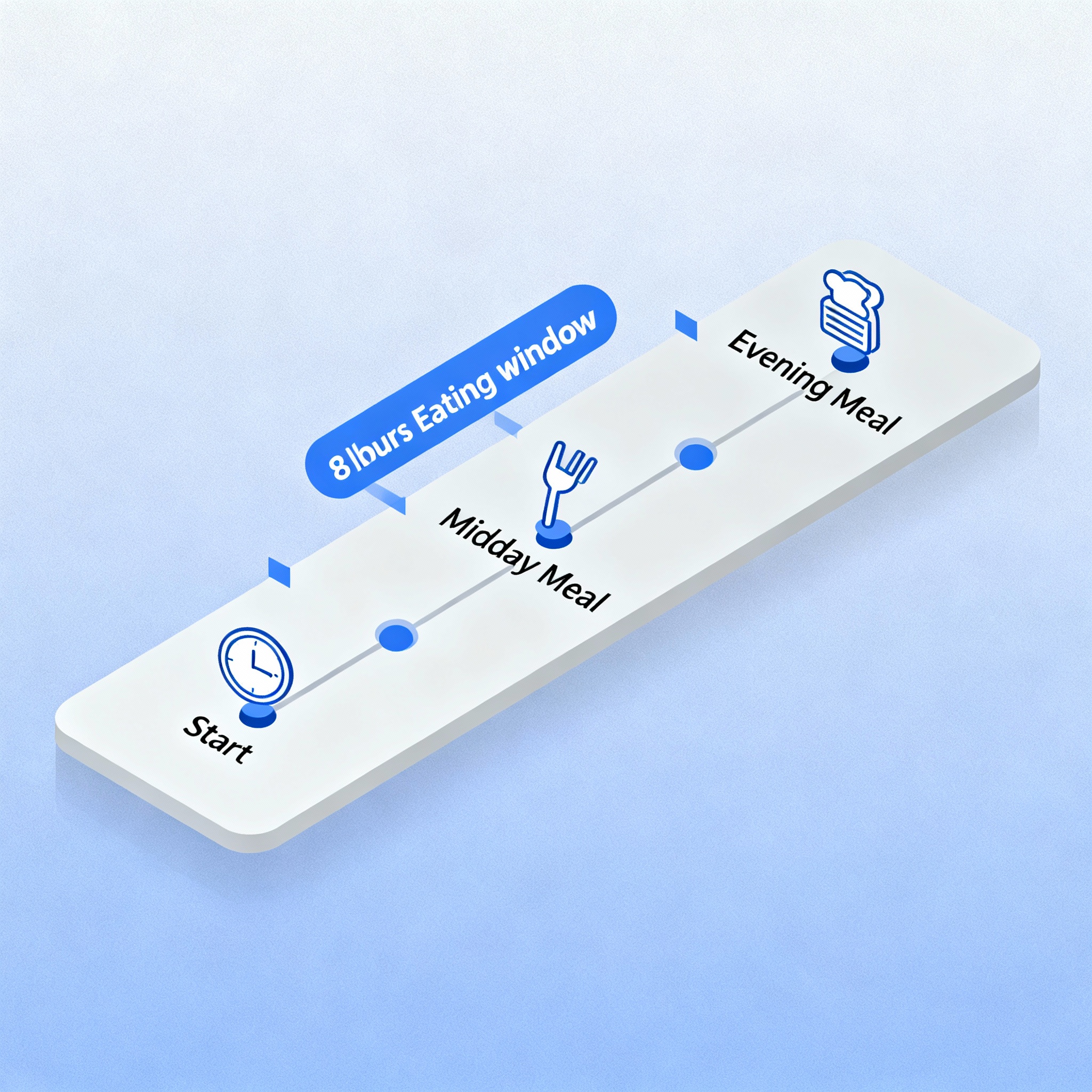 Minimalist timeline infographic, isometric vector style, cool blues and soft gray, showing 8-hour eating window and 16-hou...