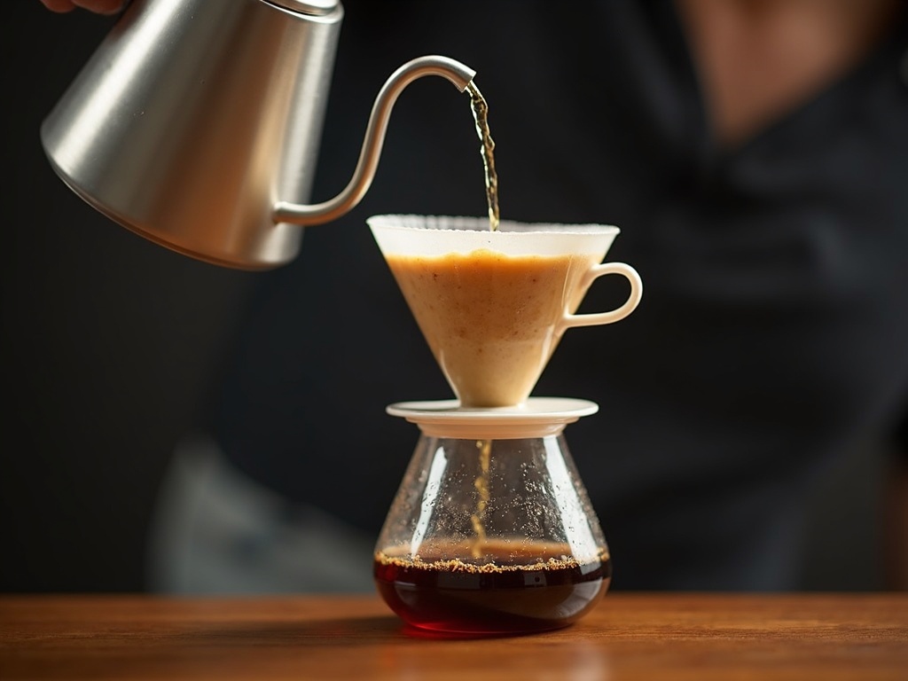 A detailed shot of a pour-over coffee being brewed, showing hot water blooming the coffee grounds in a V60 dripper.