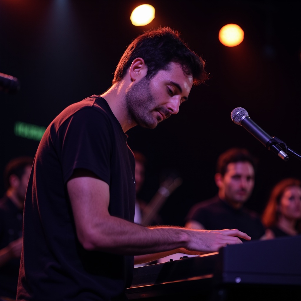 Soulful portrait of a jazz keyboardist, deeply focused on playing.