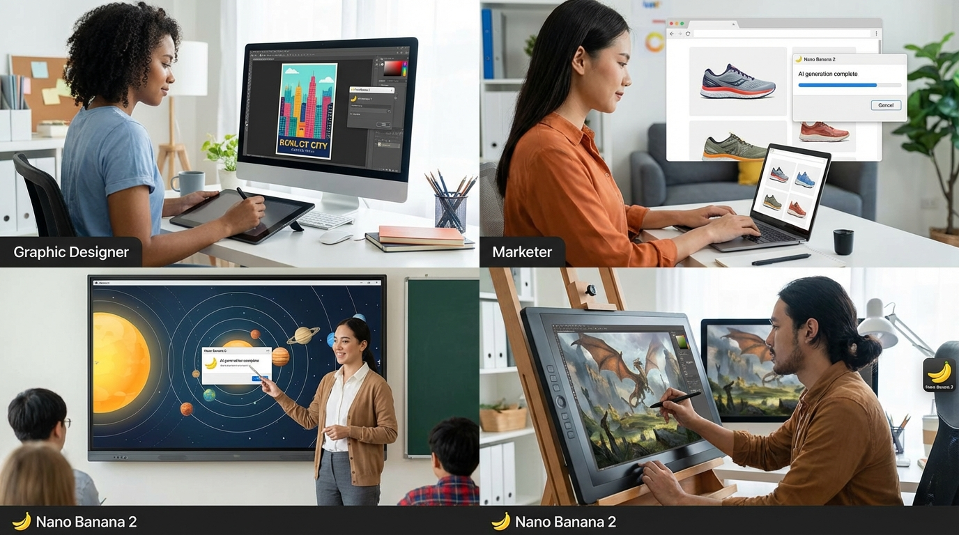 Various professionals using Nano Banana 2 for design, marketing, and art