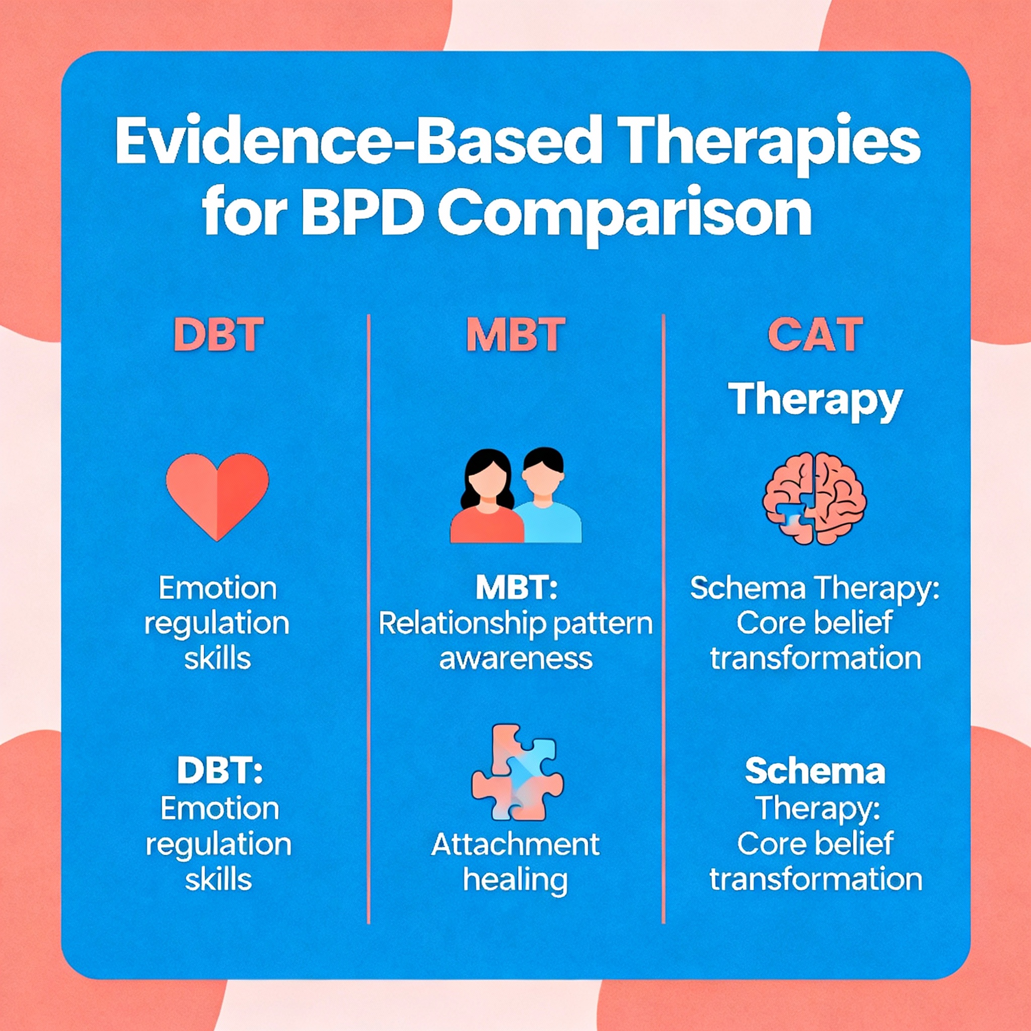 Clean infographic-style illustration showing a comparison of evidence-based therapies for BPD: DBT, MBT, CAT, and Schema T...