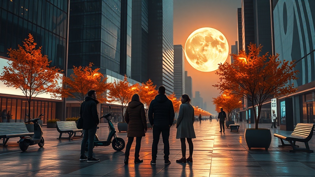 현대 도시의 광장, 달을 바라보는 사람들이 모여 있는 장면