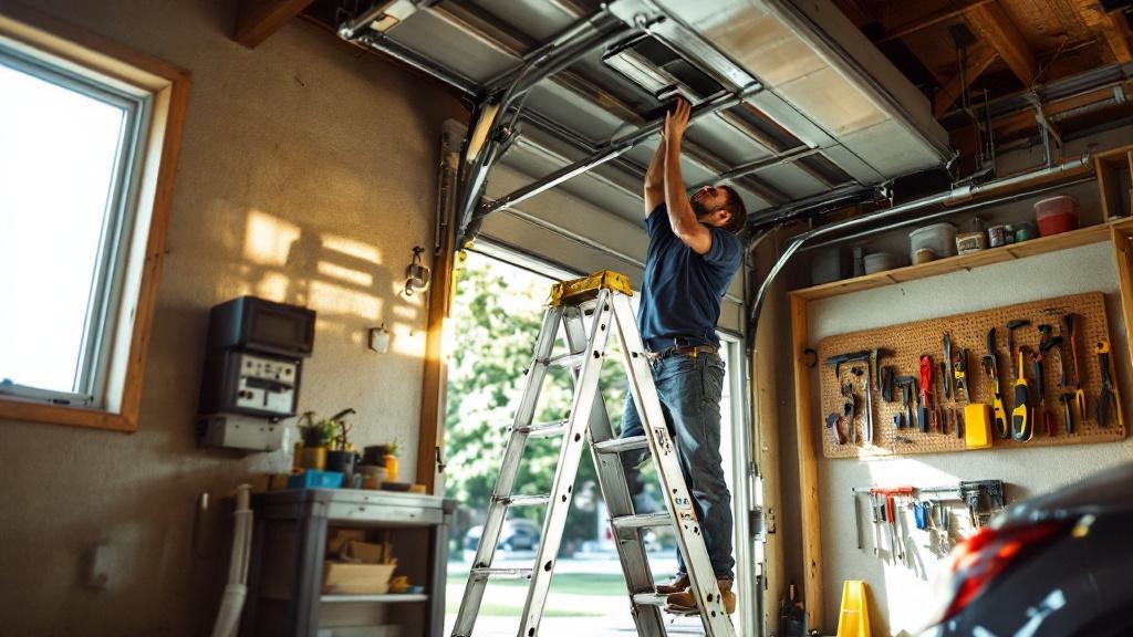Person safely accessing garage door opener on ladder