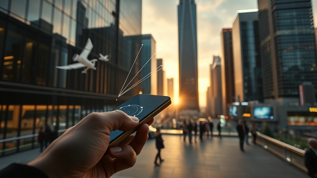 도시 배경 아래 손에 들린 스마트폰에서 빛줄기가 하늘로 이어지는 현대적 시각 이미지