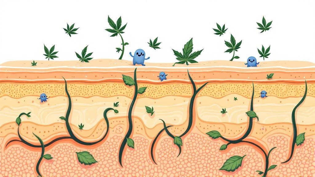 Cartoon illustration of CBD absorption through skin layers
