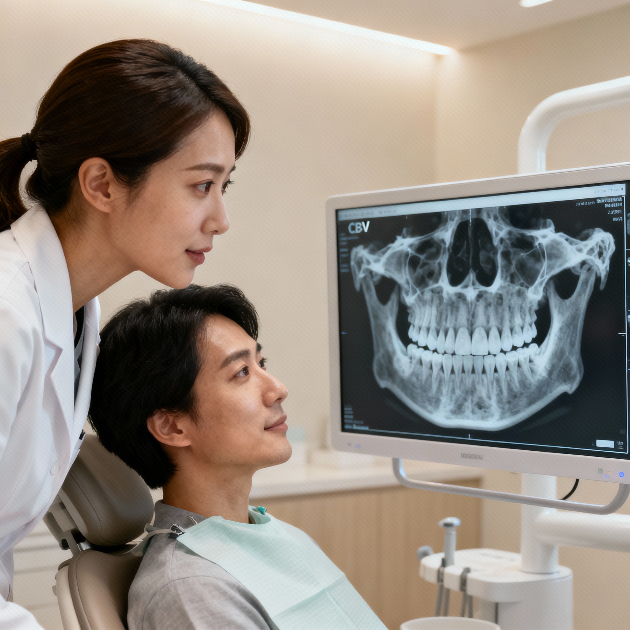 Photorealistic close-up of a female dentist performing a CBCT scan review on screen with patient, modern clinic setting, c...