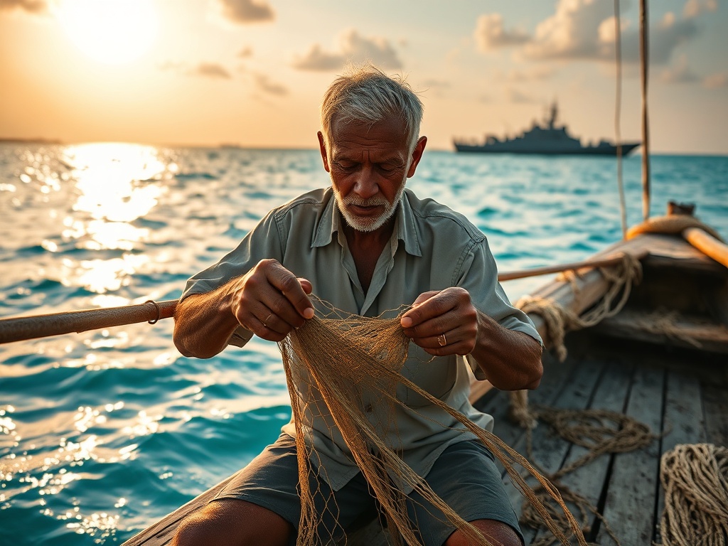 Ahmed Mends Nets While the Indian Navy Watches