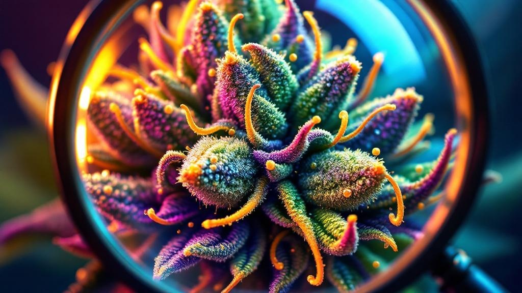 Magnified cannabis flower showing trichomes and quality markers