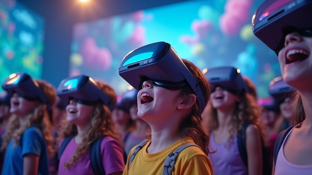 Niño con gafas de realidad virtual viviendo una experiencia inmersiva en su cumpleaños