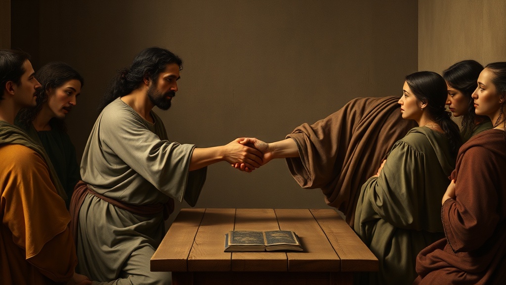두 사람이 손을 잡고 화해하는 르네상스풍의 장면을 연상시키는 그림