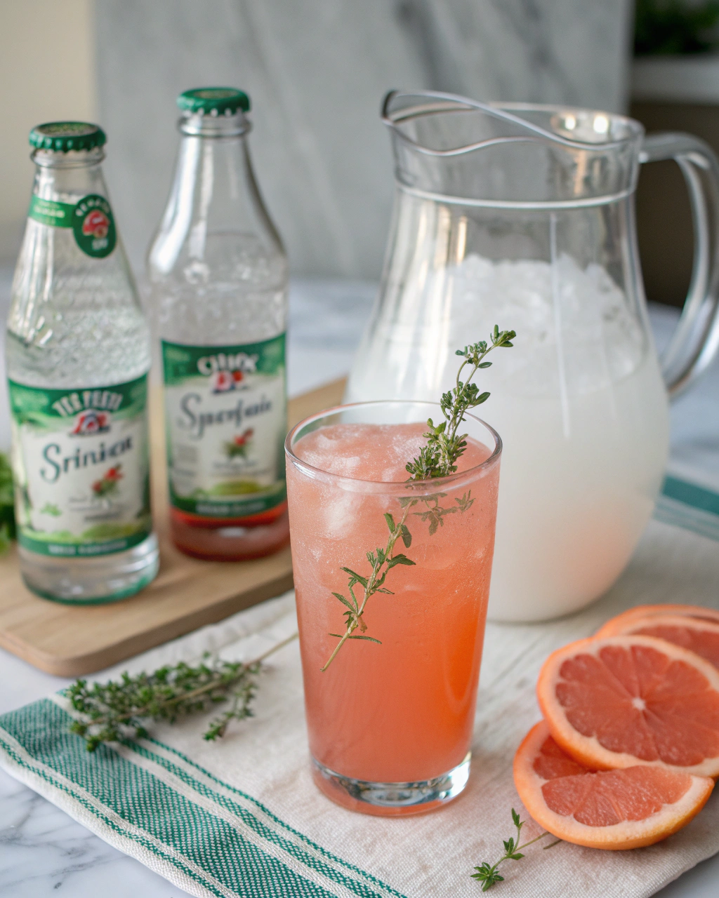 Grapefruit Thyme Fizz: 3-Minute Magic Mocktail Recipe 2 Grapefruit Thyme Fizz ingredients laid out on clean white counter