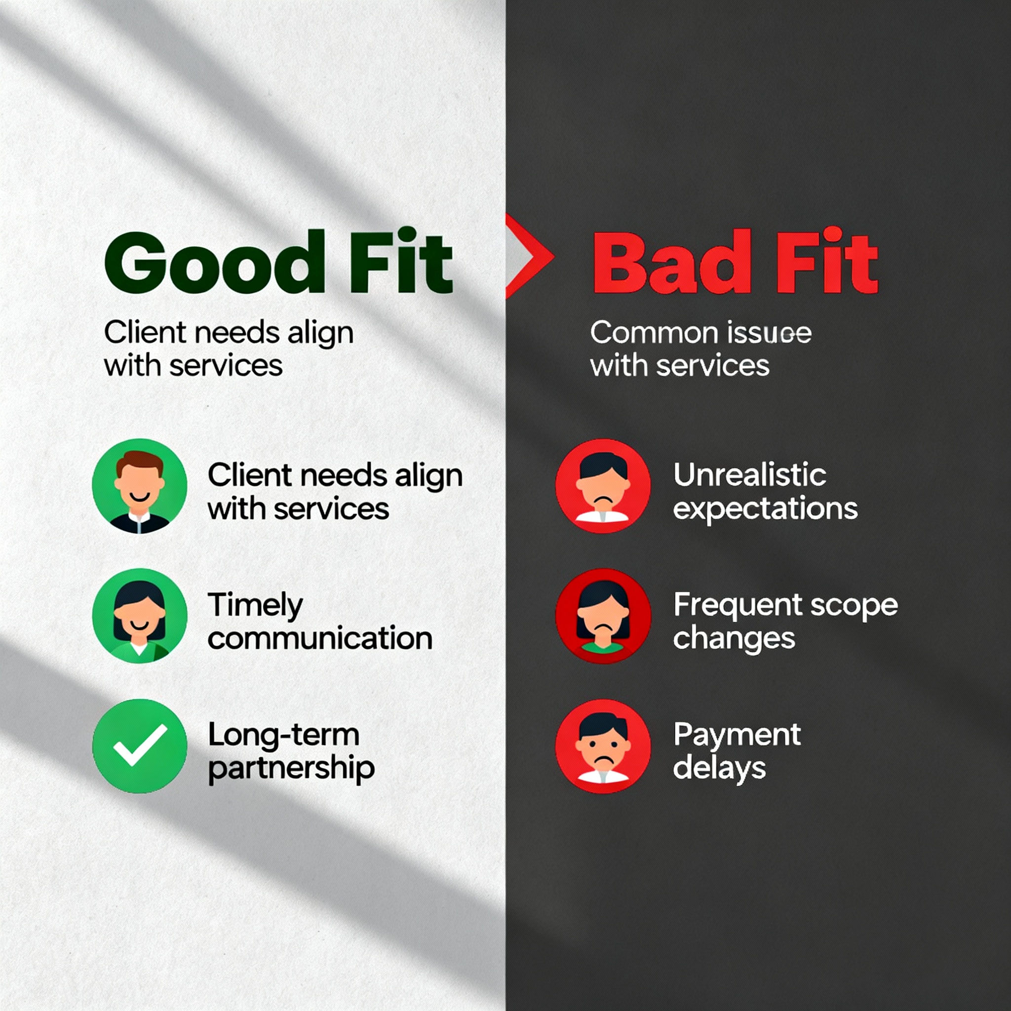 Visual comparison infographic, split-screen showing two client types: left side “Good Fit” with green accents and checklis...