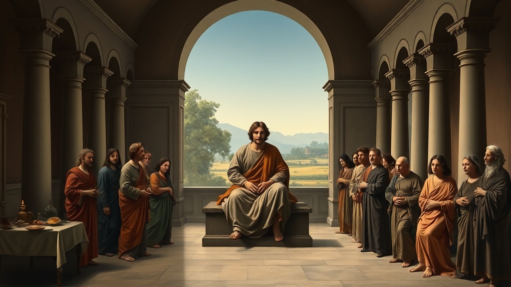 르네상스 풍의 고요한 리더와 공동체를 그린 회화적 장면