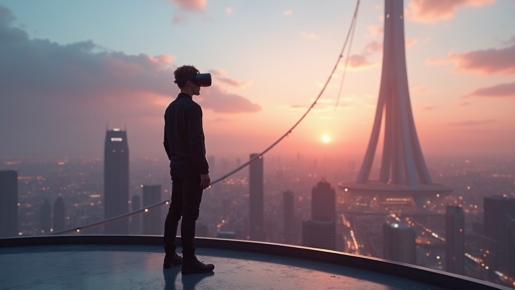 Vista desde las alturas en la Ultimate Booster Experience VR, mostrando la ciudad virtual.