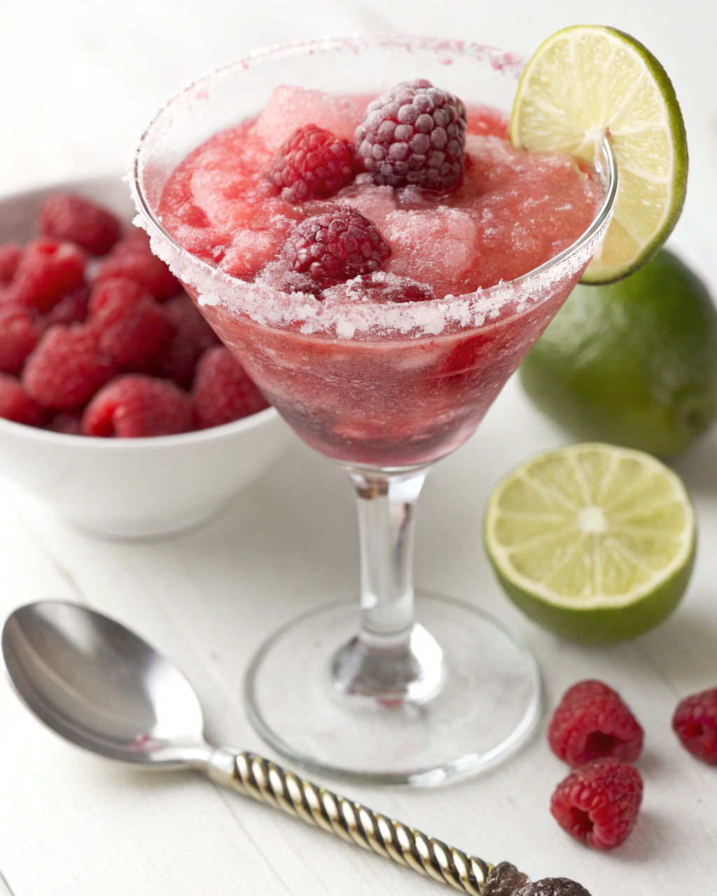 Easy Virgin Raspberry Margaritas ingredients laid out on clean white counter